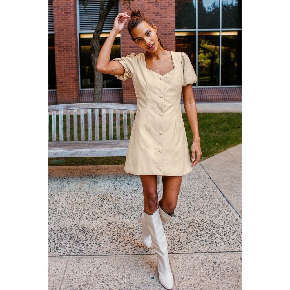 Lulus Aiming to Achieve Beige Vegan Leather Puff Sleeve Mini Dress NWT M